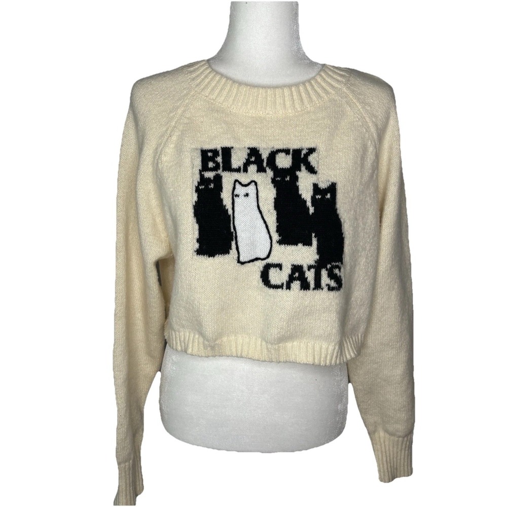 Cider Sweater LG Black Cats Cropped Balloon Sleeves Spooky Witchy